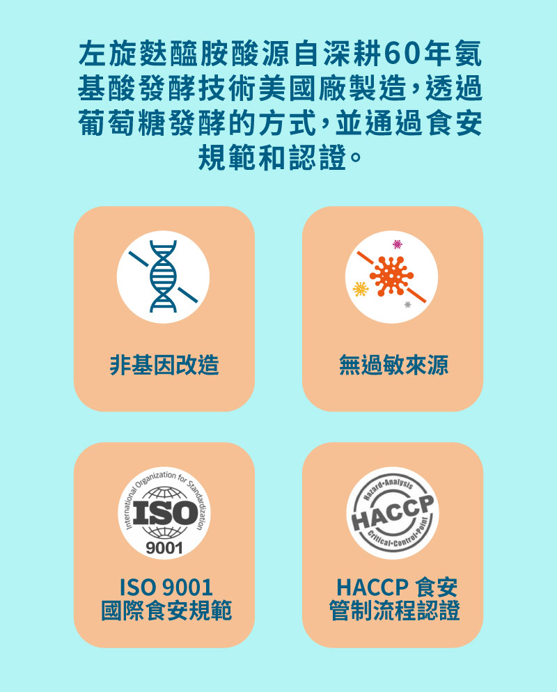 左旋麩醯胺酸源自深耕60年氨基酸發酵技術美國廠製造，透過葡萄糖發酵的方式，並通過食安規範和認證。