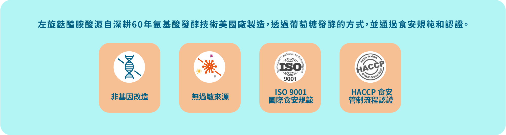 左旋麩醯胺酸源自深耕60年氨基酸發酵技術美國廠製造，透過葡萄糖發酵的方式，並通過食安規範和認證。